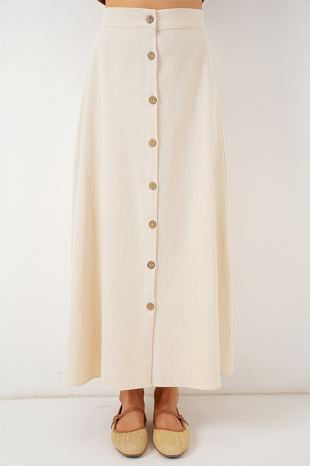 BGD Women Woman Buttoned Linen Long Skirt 8046 - Cream - Irákleio
