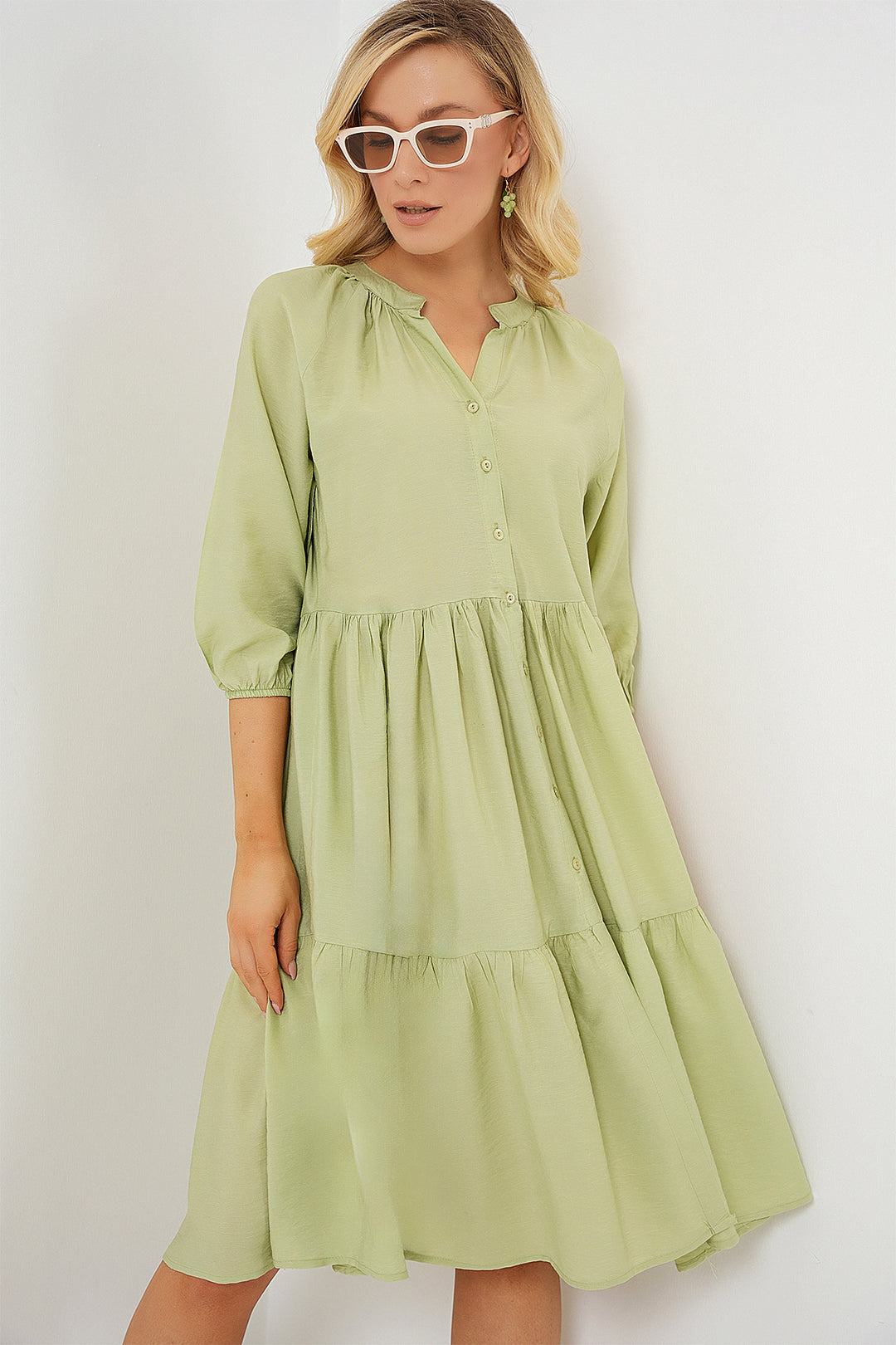 BGD Women Women's Buttoned Short Sleeve Dress 2559 - Dark Green - Villa Victoria