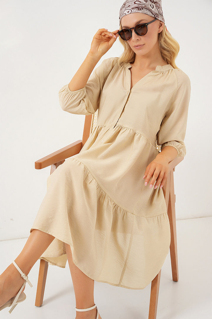 BGD Women Women's Buttoned Short Sleeve Dress 2559 - Cream - Stade