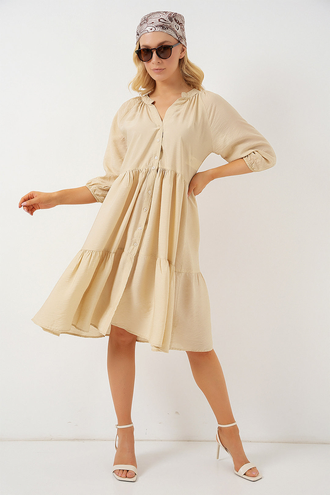 BGD Women Women's Buttoned Short Sleeve Dress 2559 - Cream - Stade