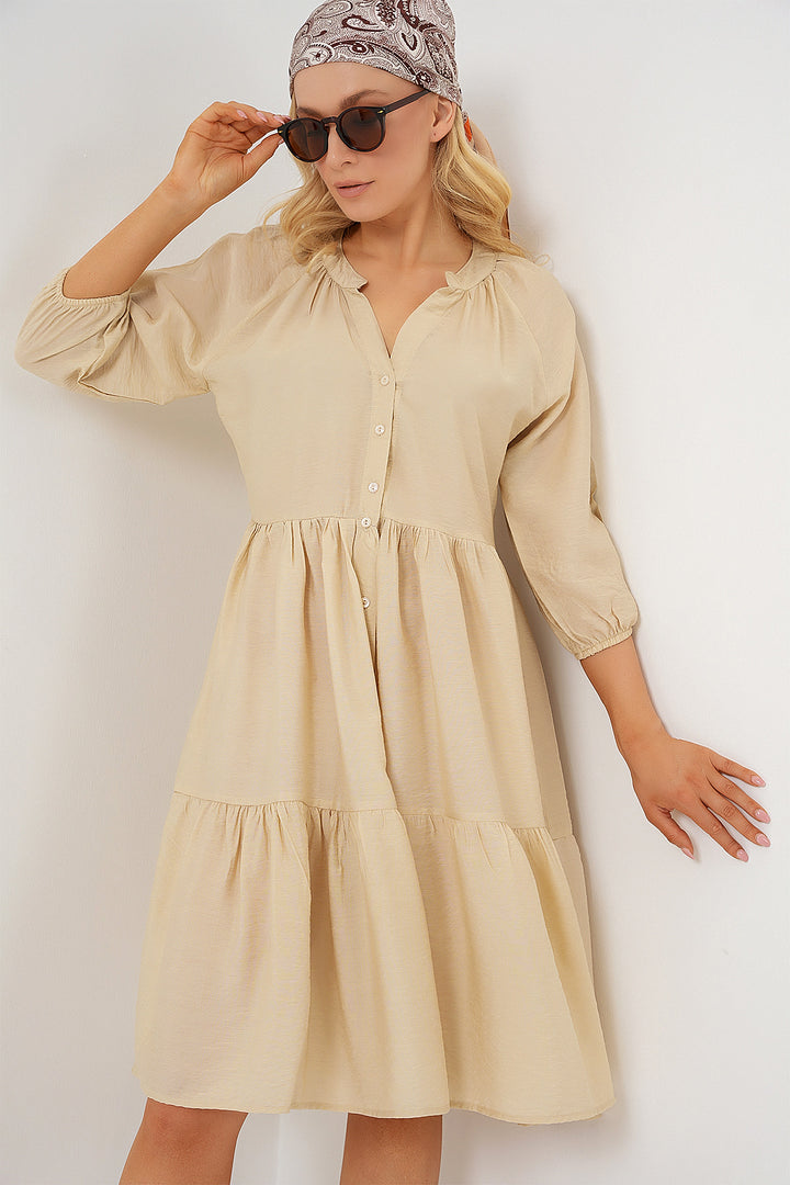 BGD Women Women's Buttoned Short Sleeve Dress 2559 - Cream - Stade