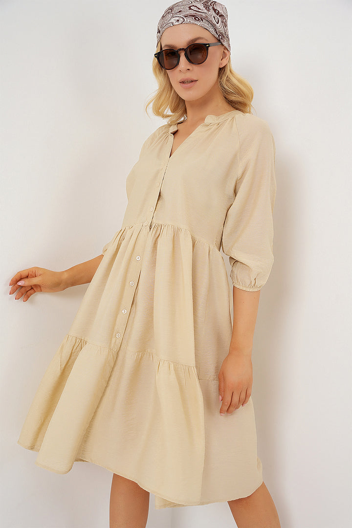 BGD Women Women's Buttoned Short Sleeve Dress 2559 - Cream - Stade