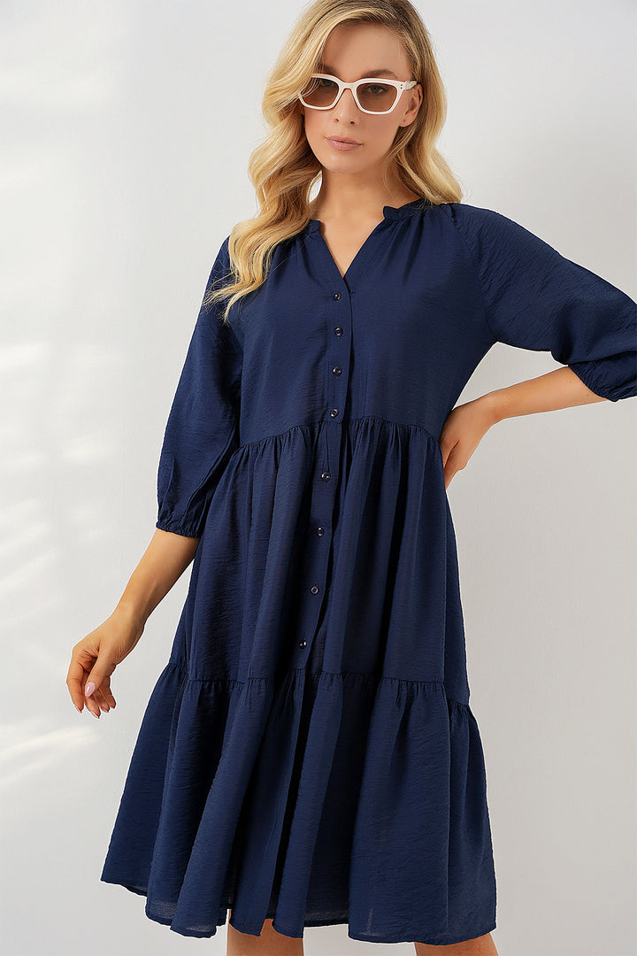 BGD Women Women's Buttoned Short Sleeve Dress 2559 - Navy Blue - League City