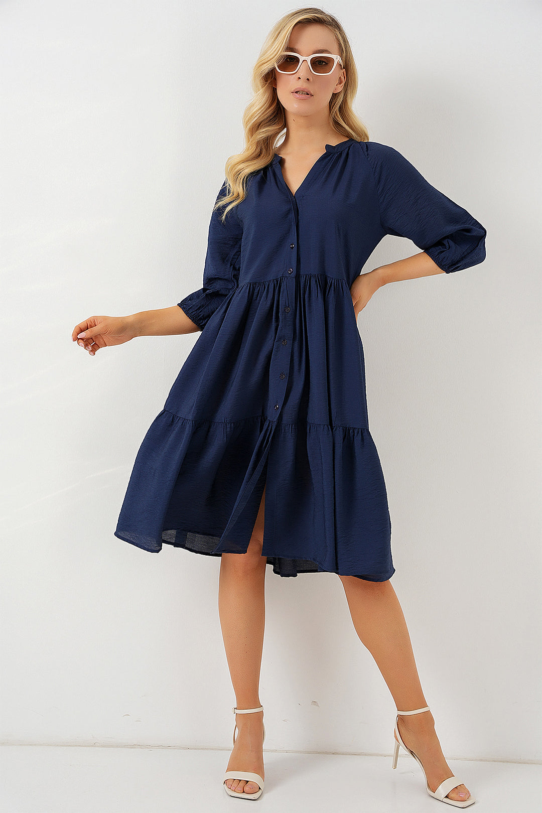 BGD Women Women's Buttoned Short Sleeve Dress 2559 - Navy Blue - League City