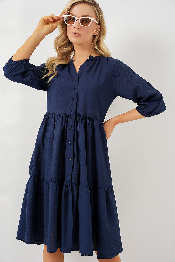 BGD Women Women's Buttoned Short Sleeve Dress 2559 - Navy Blue - League City