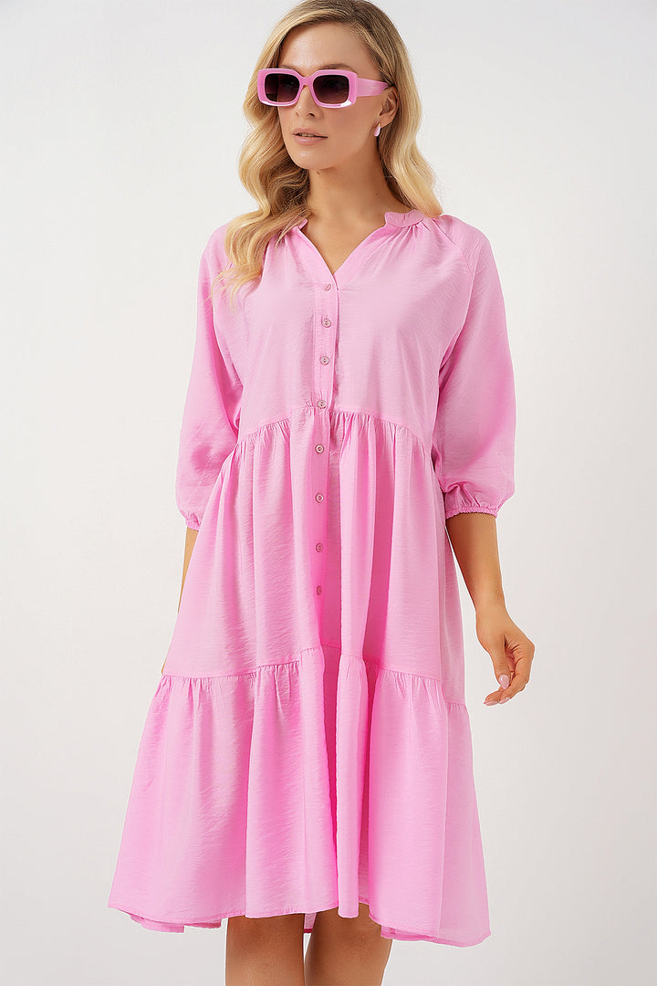BGD Women Women's Buttoned Short Sleeve Dress 2559 - Pink - Oakton
