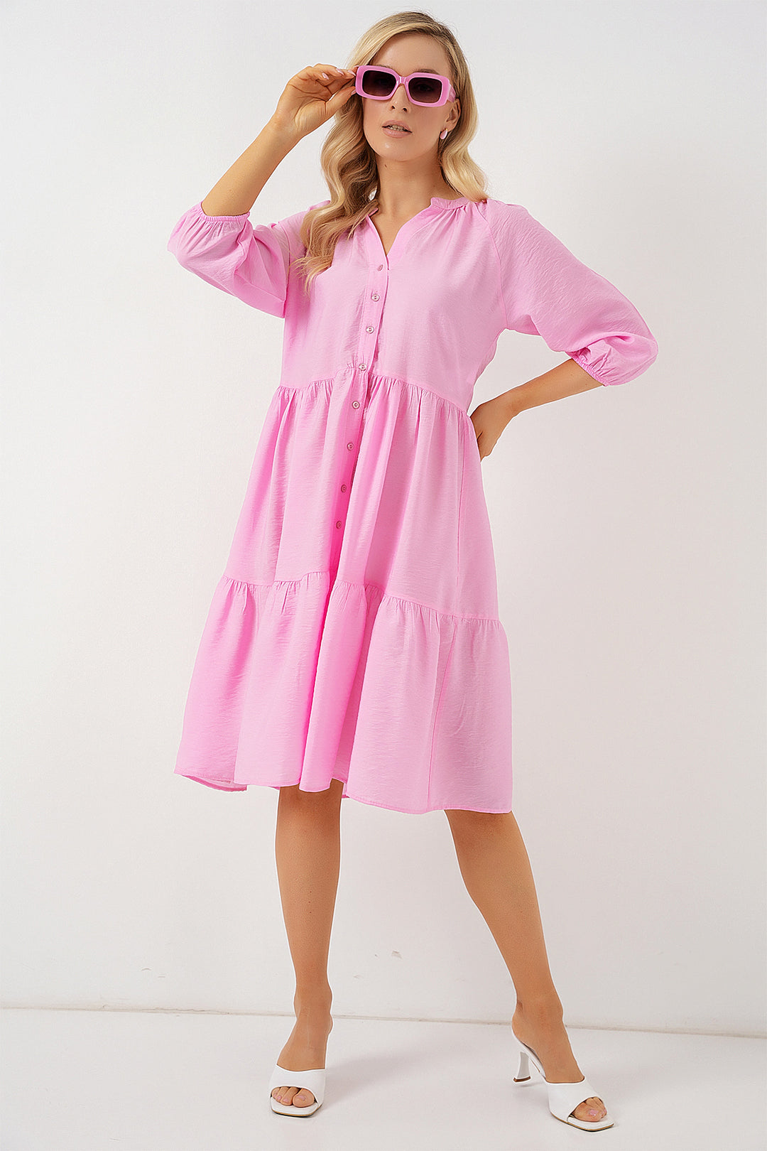 BGD Women Women's Buttoned Short Sleeve Dress 2559 - Pink - Oakton
