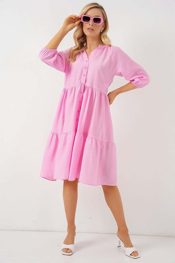 BGD Women Women's Buttoned Short Sleeve Dress 2559 - Pink - Oakton