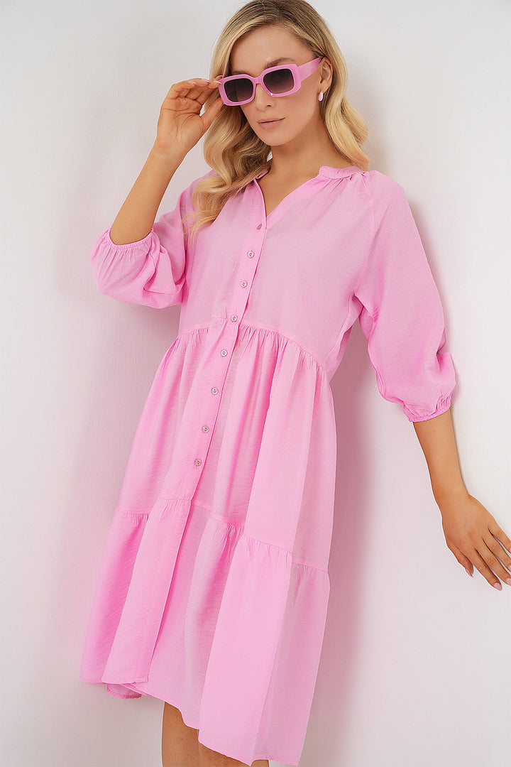 BGD Women Women's Buttoned Short Sleeve Dress 2559 - Pink - Oakton