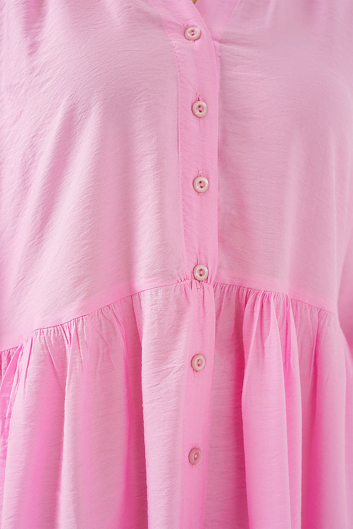 BGD Women Women's Buttoned Short Sleeve Dress 2559 - Pink - Oakton