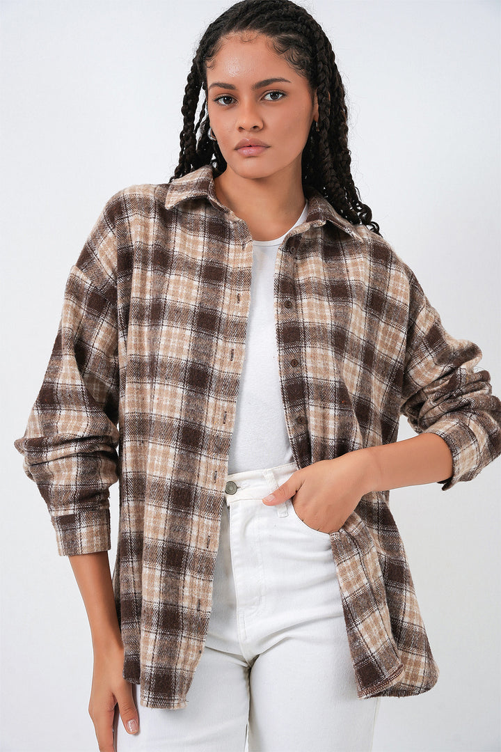 BGD Women Kadın Ekose Desen Oversize Oduncu Gömlek 3854 - E. Kahve - Chaves