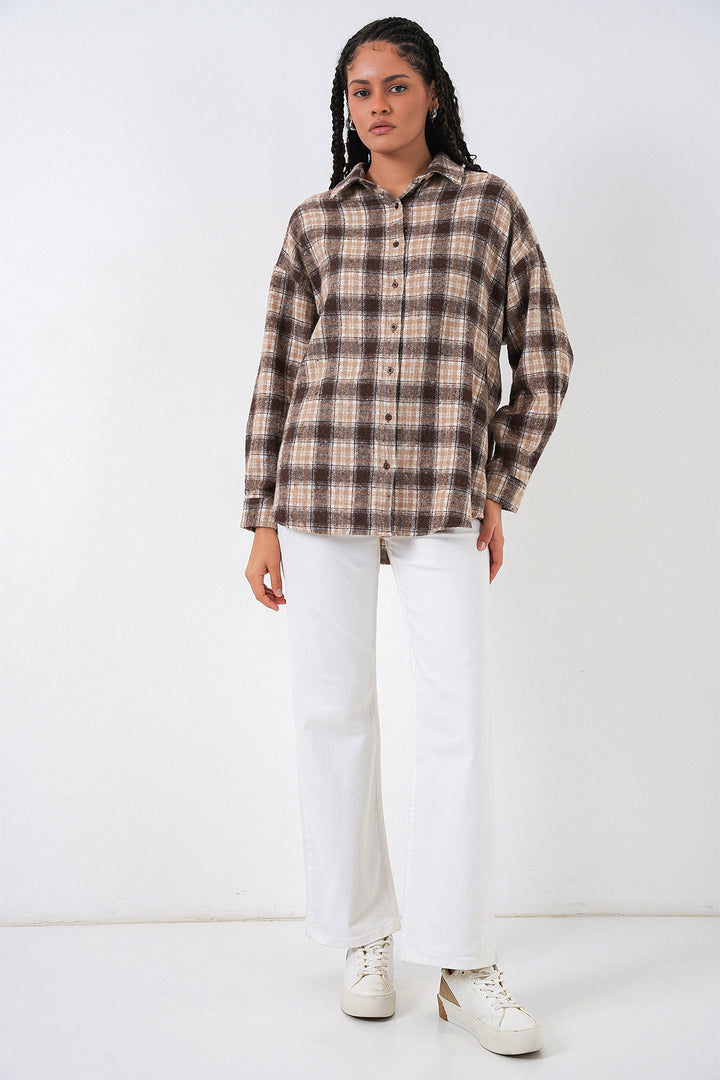 BGD Women Kadın Ekose Desen Oversize Oduncu Gömlek 3854 - E. Kahve - Chaves