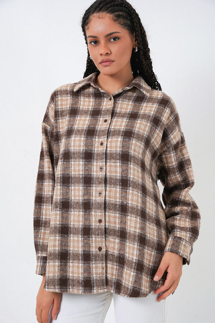 BGD Women Kadın Ekose Desen Oversize Oduncu Gömlek 3854 - E. Kahve - Chaves
