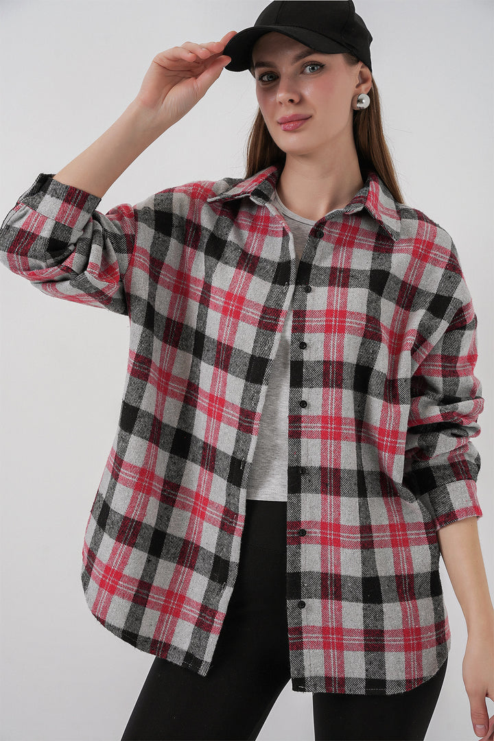 BGD Women Woman Plaid Pattern Oversized Lumberjack Shirt 3854 Pomegranate - Niagara Falls