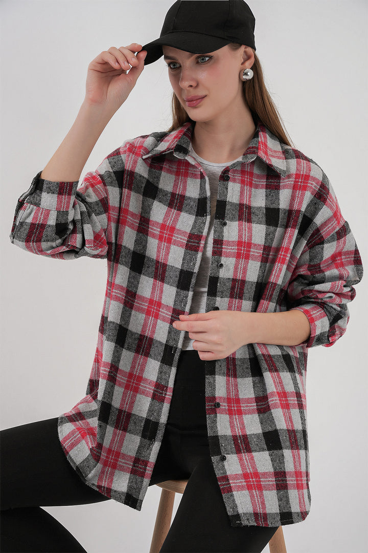 BGD Women Woman Plaid Pattern Oversized Lumberjack Shirt 3854 Pomegranate - Niagara Falls