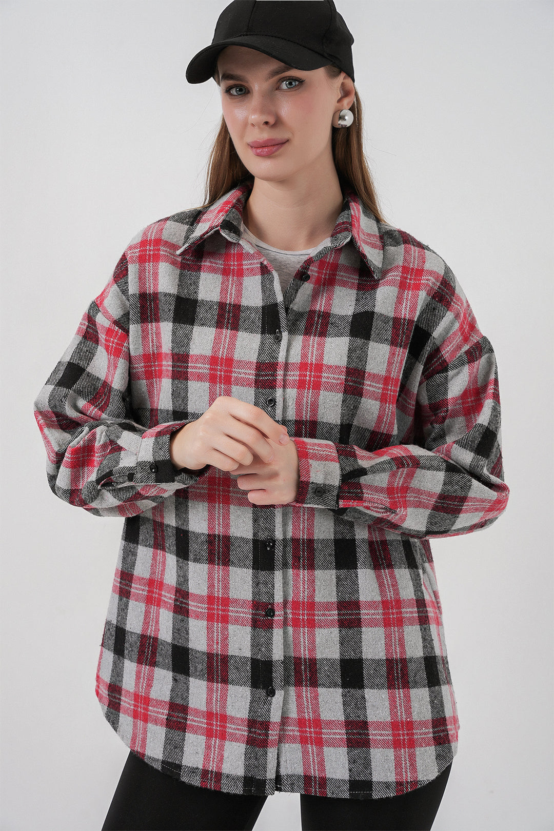 BGD Women Woman Plaid Pattern Oversized Lumberjack Shirt 3854 Pomegranate - Niagara Falls