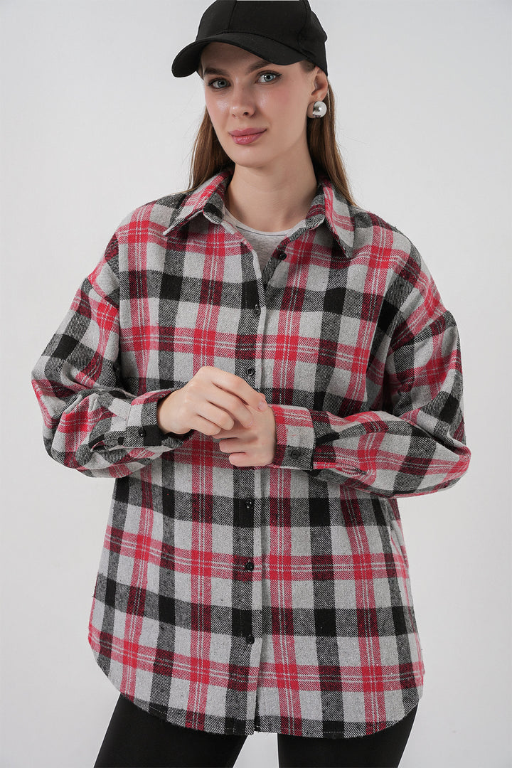 BGD Women Woman Plaid Pattern Oversized Lumberjack Shirt 3854 Pomegranate - Niagara Falls