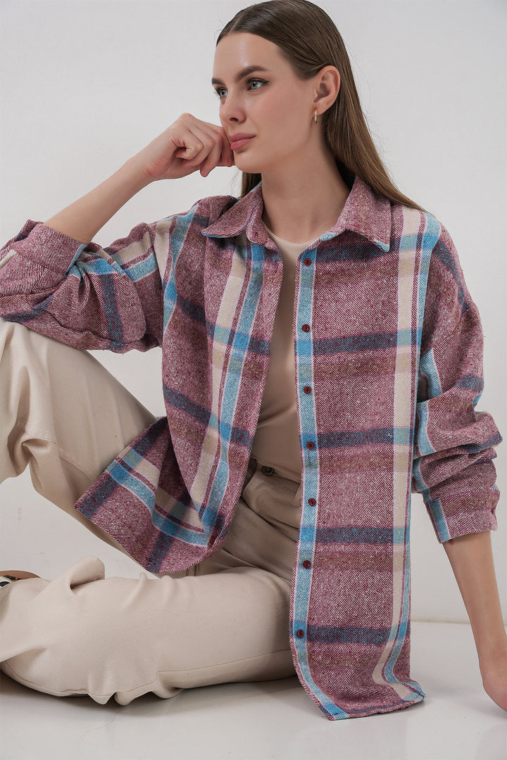 BGD Women Women's Plaid Pattern Oversized Lumberjack Shirt 3854 Pink - Cwmbran