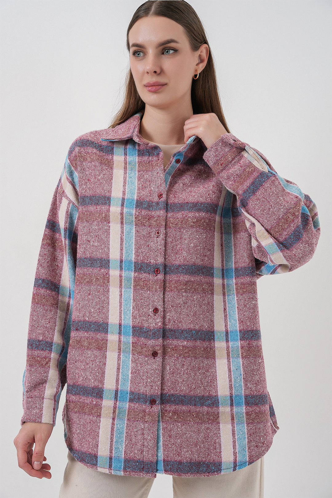 BGD Women Women's Plaid Pattern Oversized Lumberjack Shirt 3854 Pink - Cwmbran