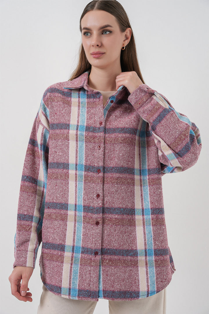 BGD Women Women's Plaid Pattern Oversized Lumberjack Shirt 3854 Pink - Cwmbran