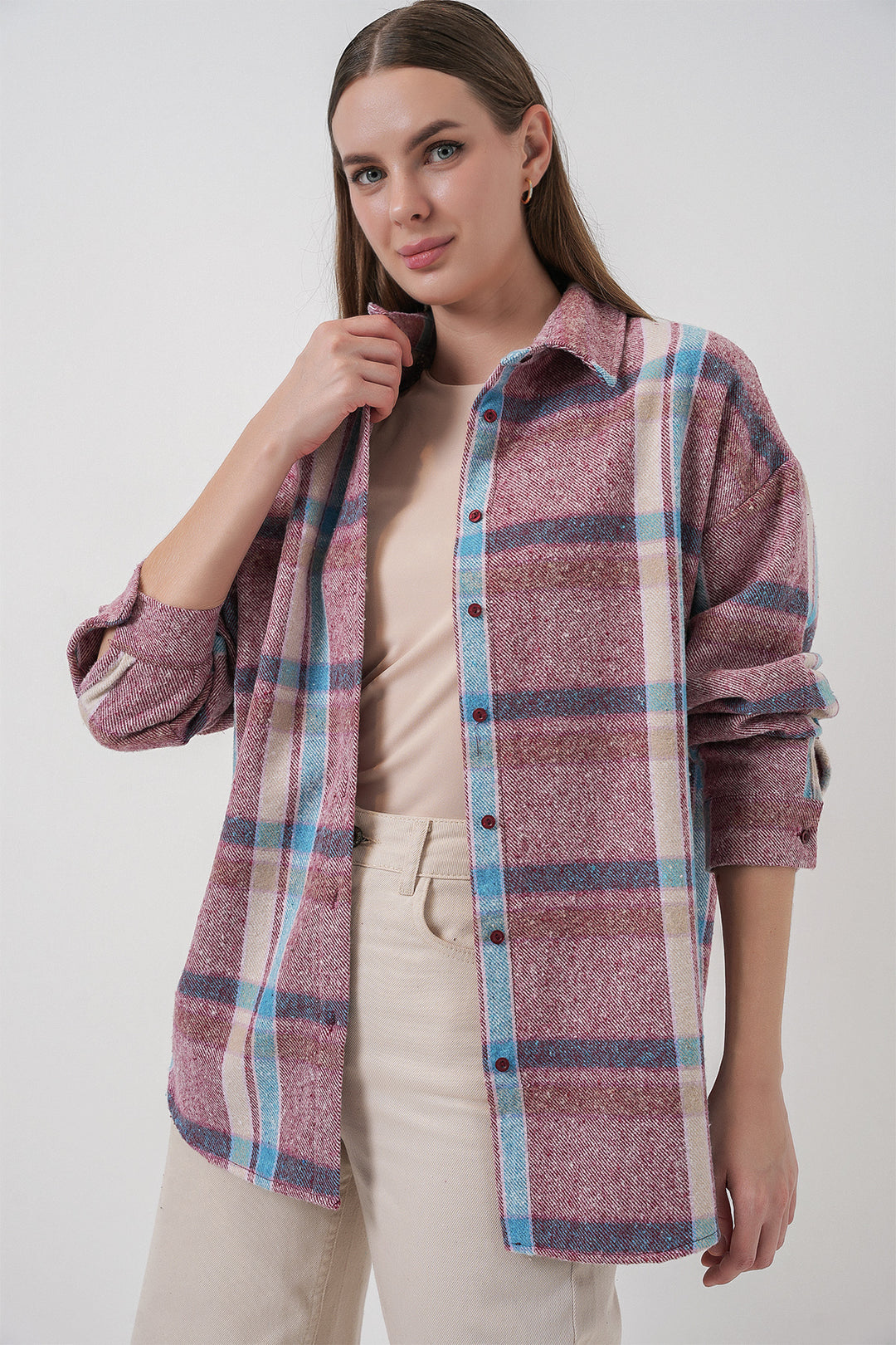 BGD Women Women's Plaid Pattern Oversized Lumberjack Shirt 3854 Pink - Cwmbran