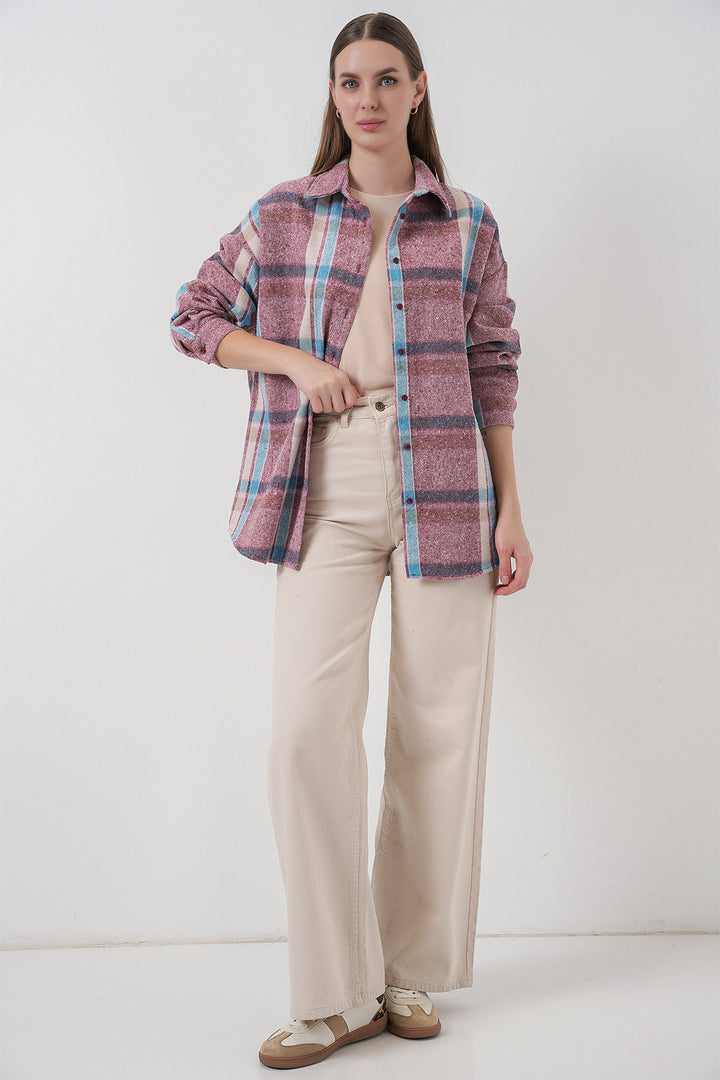 BGD Women Women's Plaid Pattern Oversized Lumberjack Shirt 3854 Pink - Cwmbran