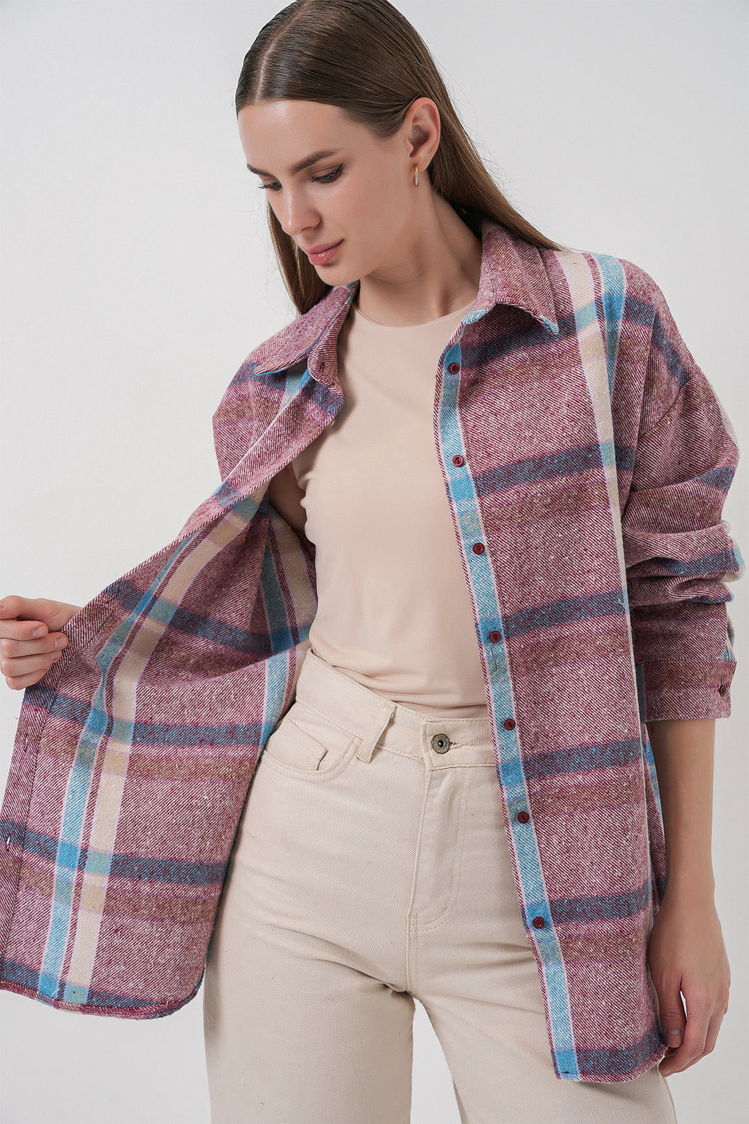 BGD Women Women's Plaid Pattern Oversized Lumberjack Shirt 3854 Pink - Cwmbran