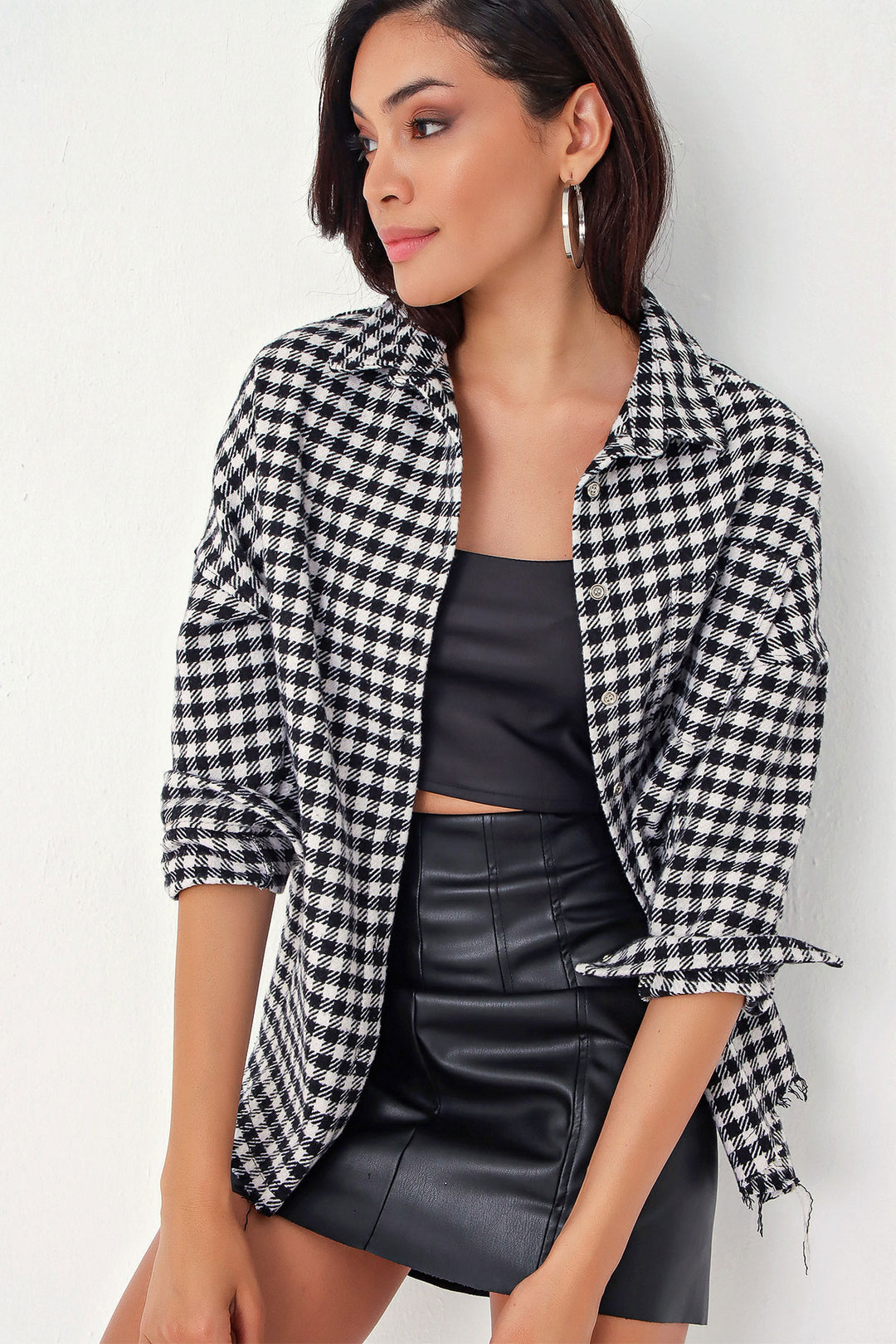 BGD Women Women's Plaid Pattern Oversized Lumberjack Shirt 3854 - Black - White - Ocala