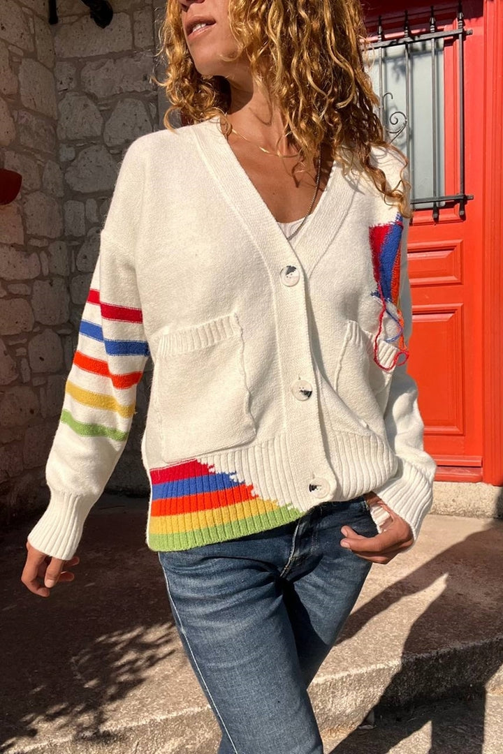 GNS Woman Ecru Color Soft Textured Buttoned Cardigan with Thread Detail BND1053 - Merced