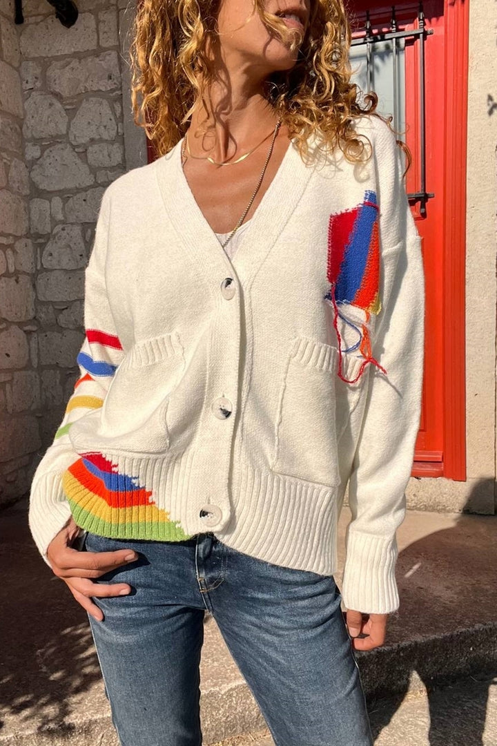 GNS Woman Ecru Color Soft Textured Buttoned Cardigan with Thread Detail BND1053 - Merced