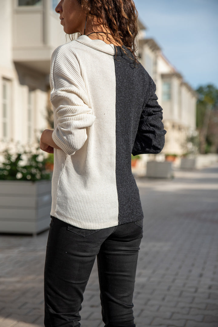 GNS Woman Ecru V-Neck Color Block Sweater GK-BST30k2778 - Greifswald