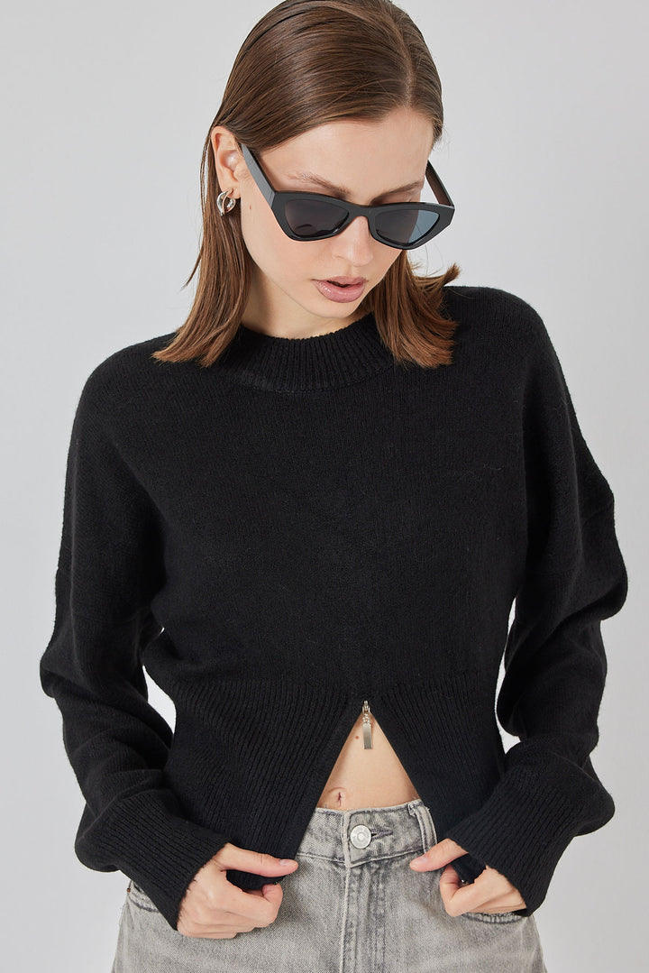 BGD Women Women's Zippered Knit Sweater 15937 - Black - Hutchinson