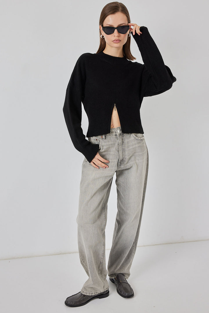 BGD Women Women's Zippered Knit Sweater 15937 - Black - Hutchinson