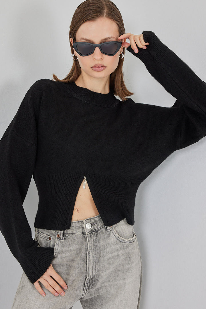 BGD Women Women's Zippered Knit Sweater 15937 - Black - Hutchinson
