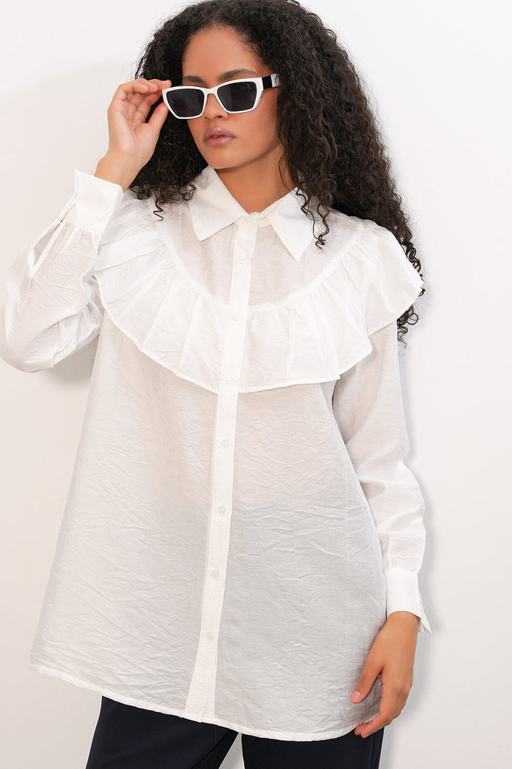 BGD Women Kadın Fırfır Detaylı Gömlek Tunik 5994 - Beyaz - Lexington