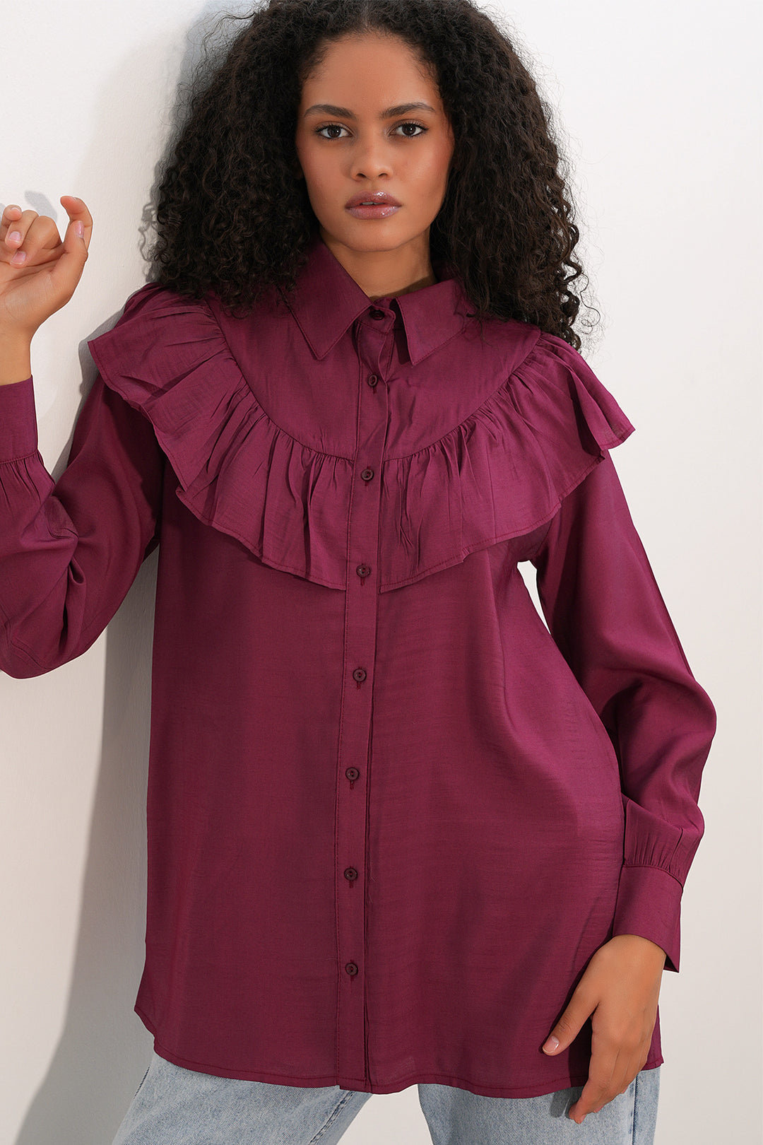 BGD Women Kadın Fırfır Detaylı Gömlek Tunik 5994 - Bordo - Freital