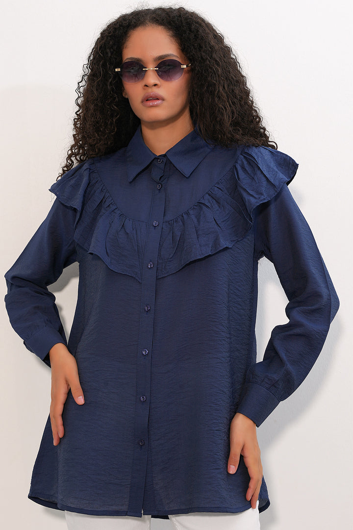 BGD Women Kadın Fırfır Detaylı Gömlek Tunik 5994 - Lacivert - Rivne