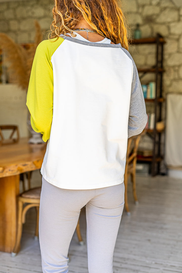 GNS Women's Pistachio Green-Gray Raglan Sleeve Boat Neck Color Block Sweatshirt with Seam Detail Bst3472 - Reynosa