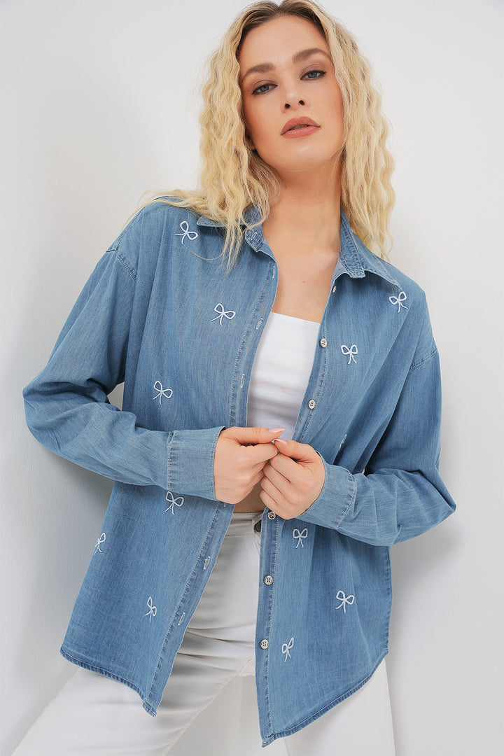 BGD Women Women's Bow Tie Denim Shirt 20329 - Blue - Piacenza
