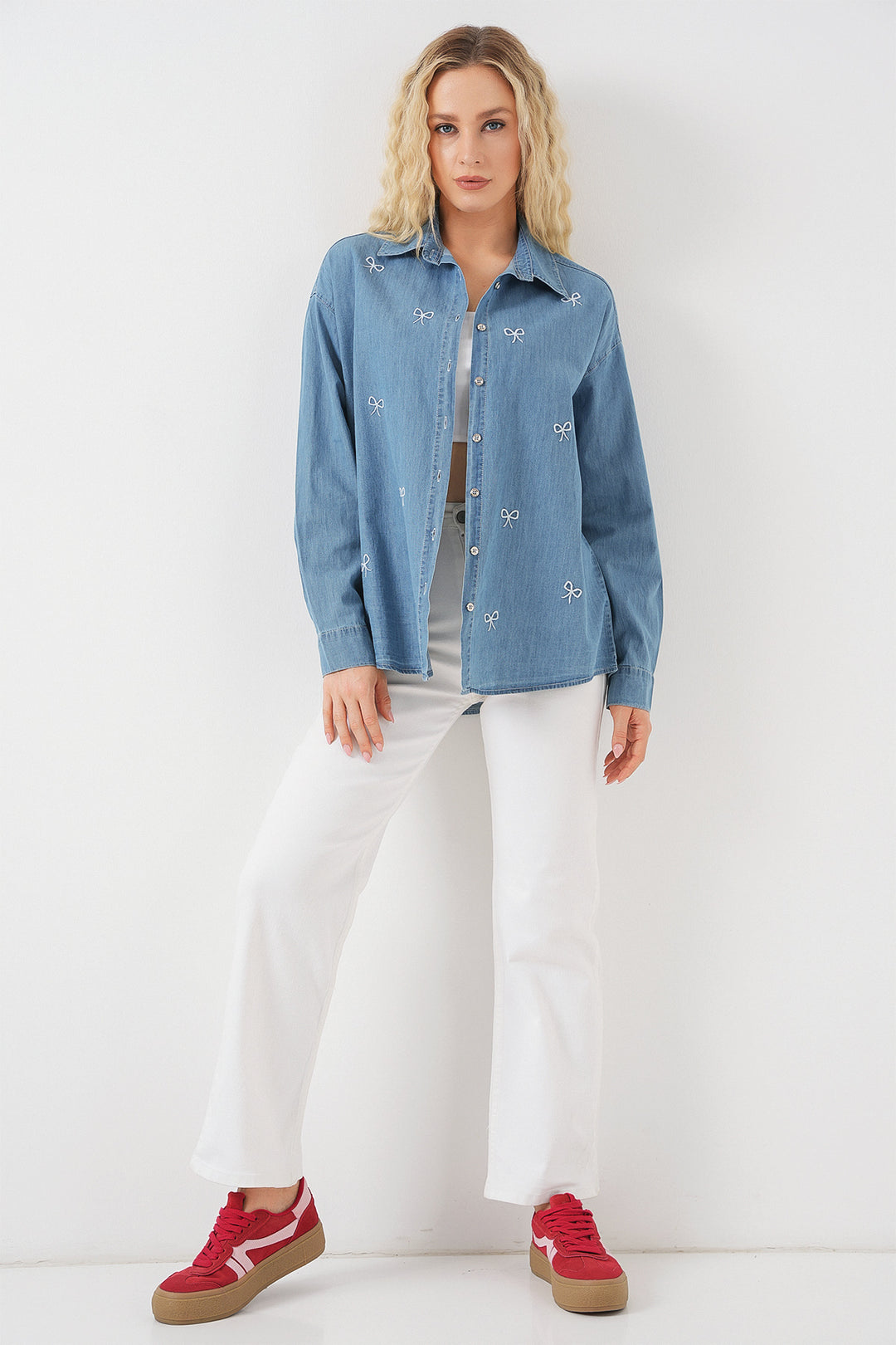 BGD Women Women's Bow Tie Denim Shirt 20329 - Blue - Piacenza