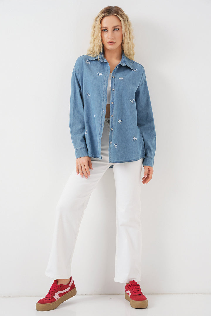 BGD Women Women's Bow Tie Denim Shirt 20329 - Blue - Piacenza