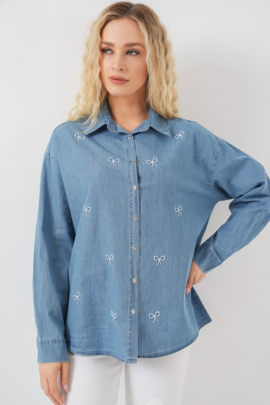 BGD Women Women's Bow Tie Denim Shirt 20329 - Blue - Piacenza