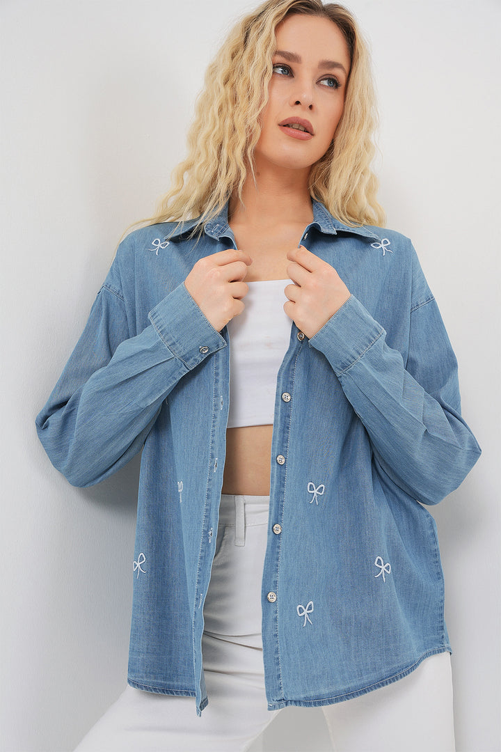 BGD Women Women's Bow Tie Denim Shirt 20329 - Blue - Piacenza