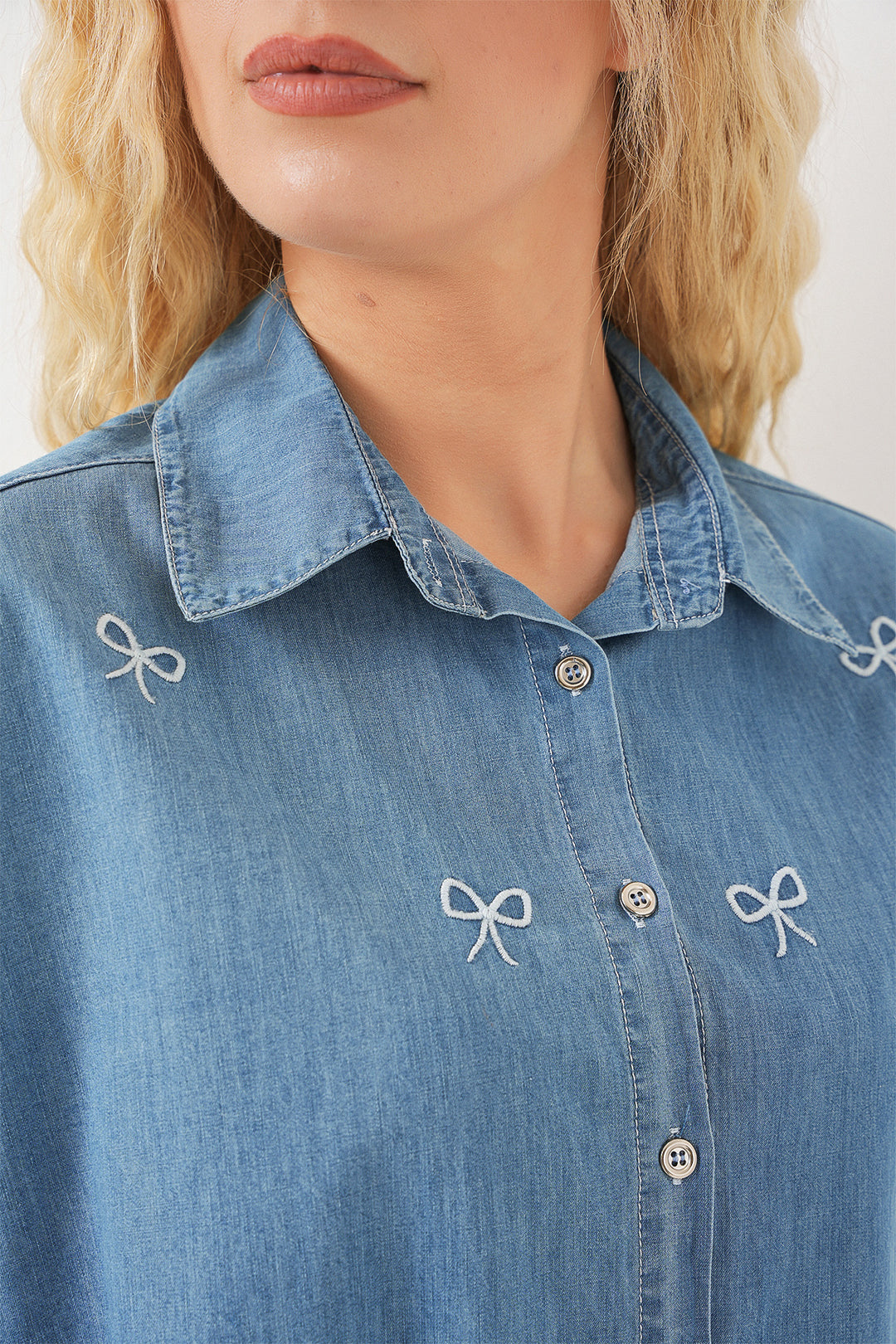 BGD Women Women's Bow Tie Denim Shirt 20329 - Blue - Piacenza