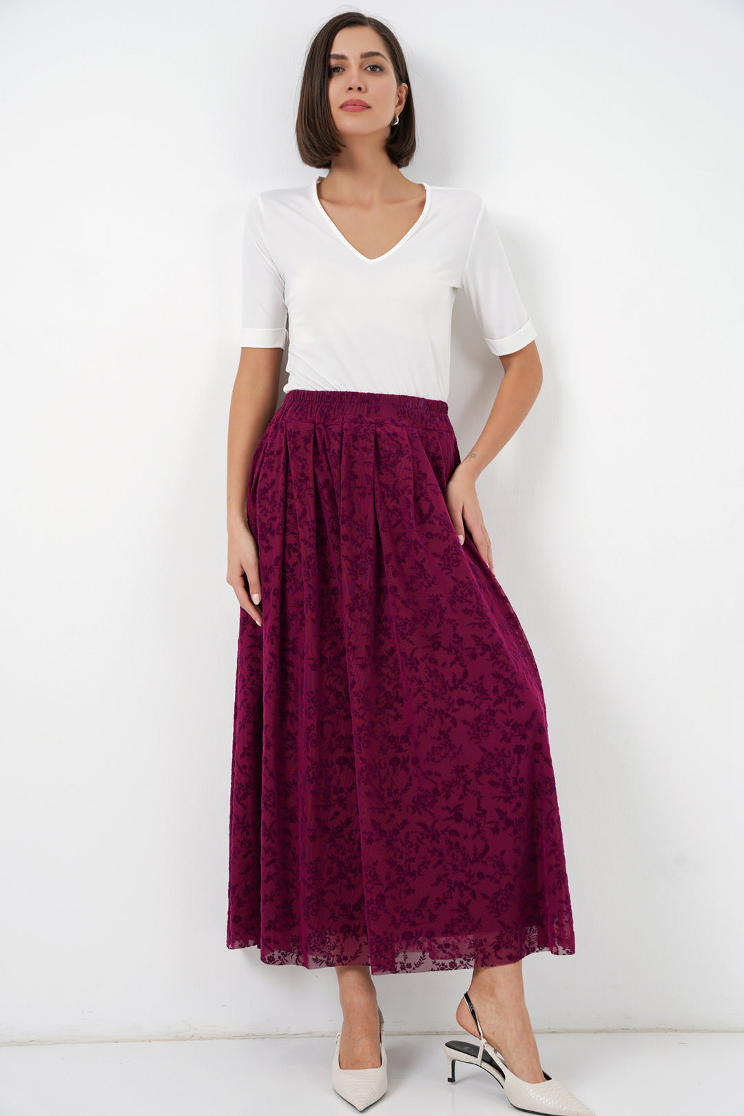 BGD Women Kadın Flok Baskılı Astarlı Etek 8069 - Mürdüm - Delft