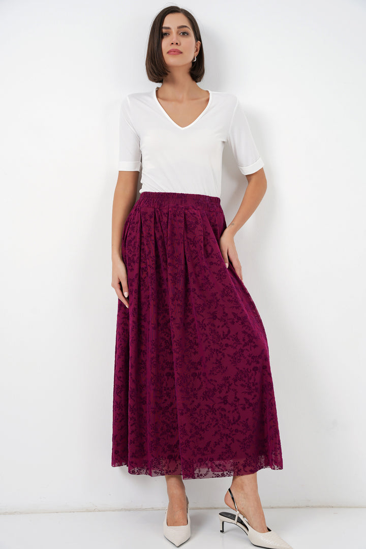 BGD Women Kadın Flok Baskılı Astarlı Etek 8069 - Mürdüm - Delft