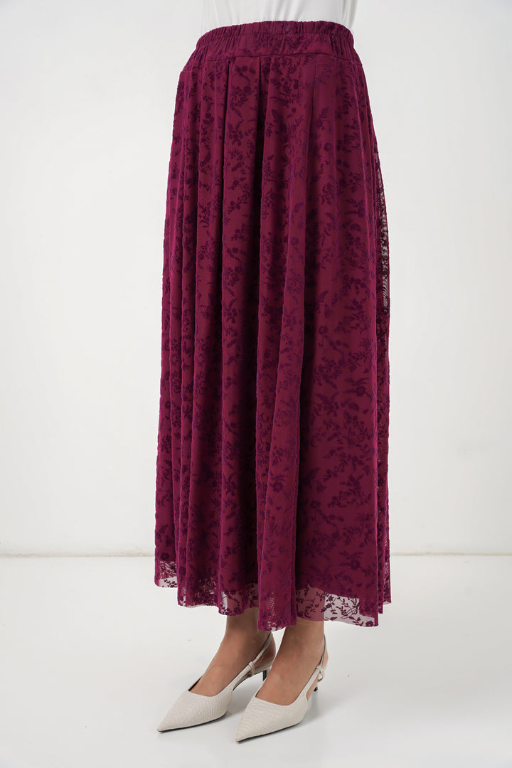 BGD Women Kadın Flok Baskılı Astarlı Etek 8069 - Mürdüm - Delft