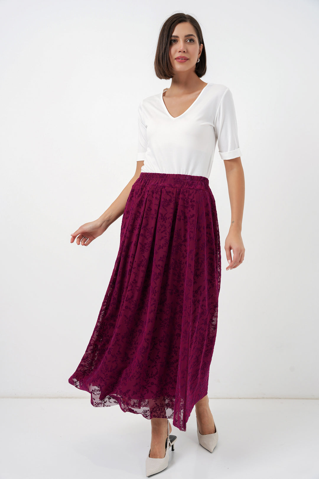 BGD Women Kadın Flok Baskılı Astarlı Etek 8069 - Mürdüm - Delft
