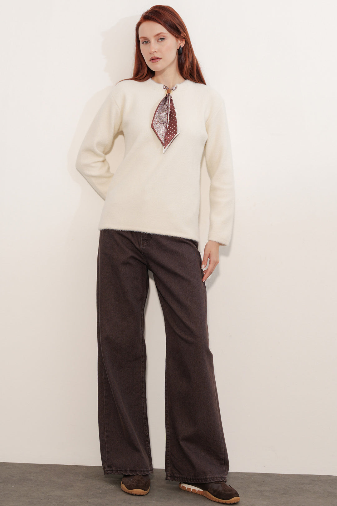 BGD Women Kadın Fular Detaylı Oversize Kazak 15971 - Krem - Blanes