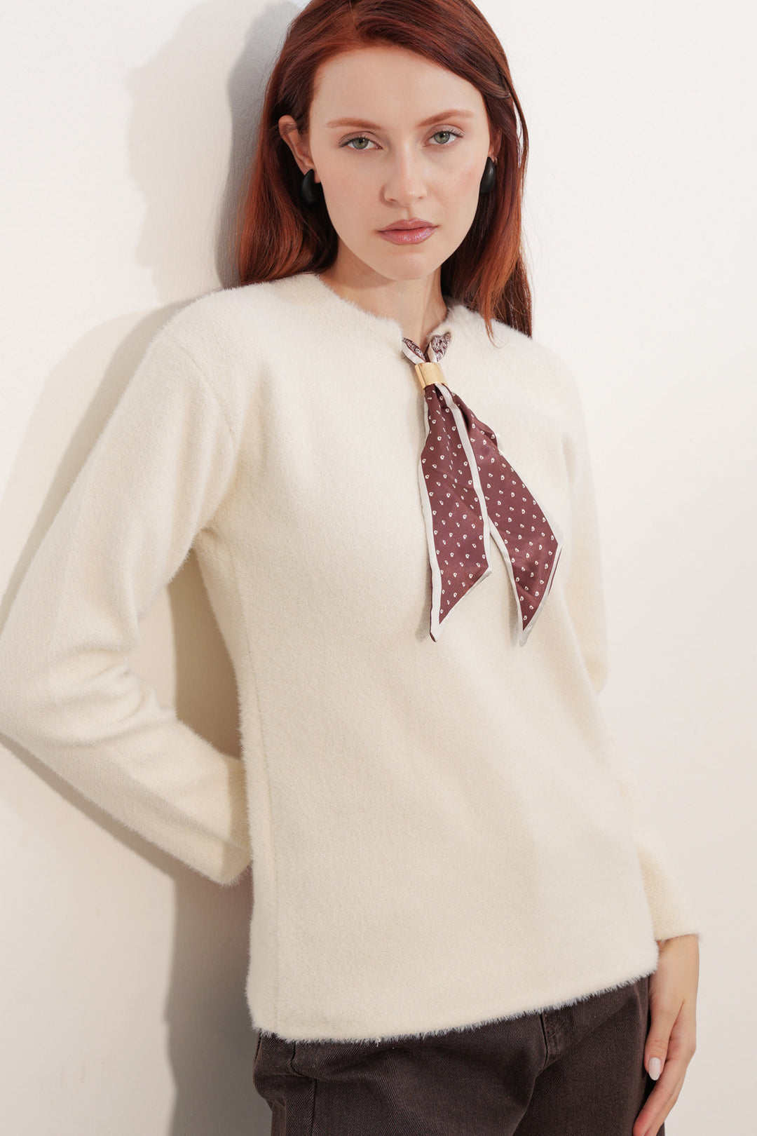 BGD Women Kadın Fular Detaylı Oversize Kazak 15971 - Krem - Blanes